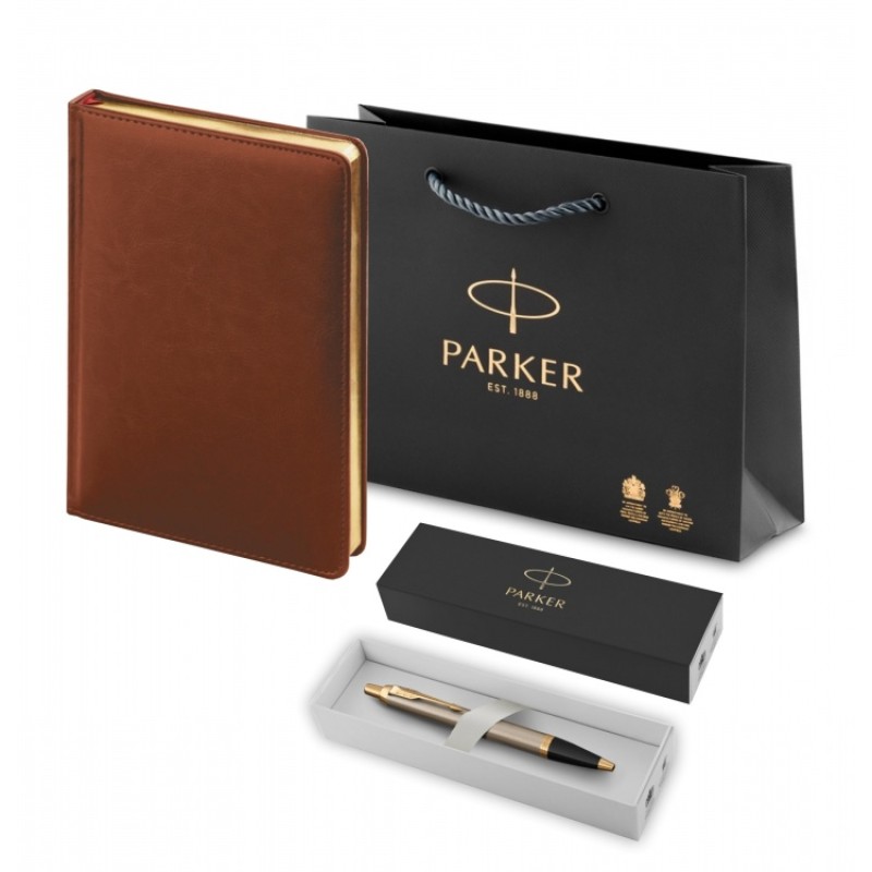 Подарочный набор: Шариковая ручка Parker IM Metal Core Brushed Metal GT и Ежедневник недатированный А5 коричневый