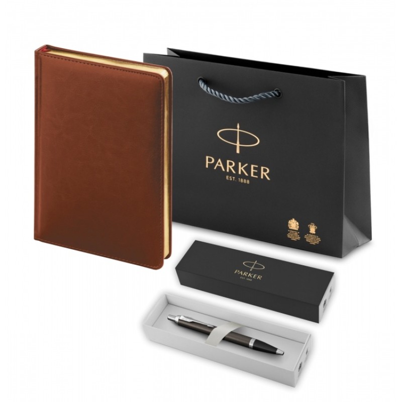 Подарочный набор: Шариковая ручка Parker IM Metal Core Dark Espresso CT и Ежедневник недатированный А5 коричневый