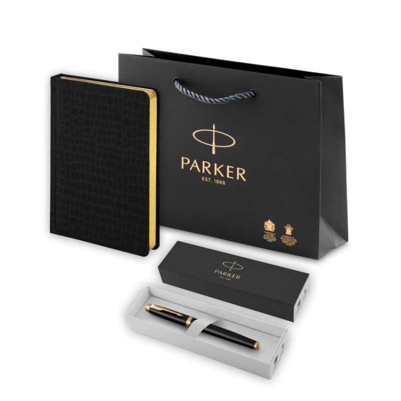 Подарочный набор: Перьевая ручка Parker IM Metal Black GT (глянцевый черный лак) и Ежедневник недатированный А5 черный