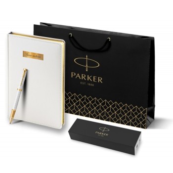 Подарочный набор: Ручка роллер Parker IM Premium T318 Pearl GT, цвет чернил черный и белый недатированный ежедневник с золотым срезом
