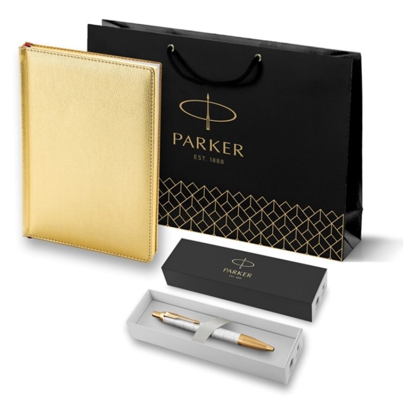 Подарочный набор: Ручка шариковая Parker IM Premium K318 Pearl GT, цвет чернил синий и золотистый ежедневник с золотым срезом страниц



<b>Статус</b>: новый