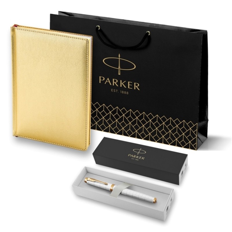 Подарочный набор: Ручка роллер Parker IM Premium T318 Pearl GT, цвет чернил черный и золотистый ежедневник с золотым срезом



<b>Статус</b>: новый
