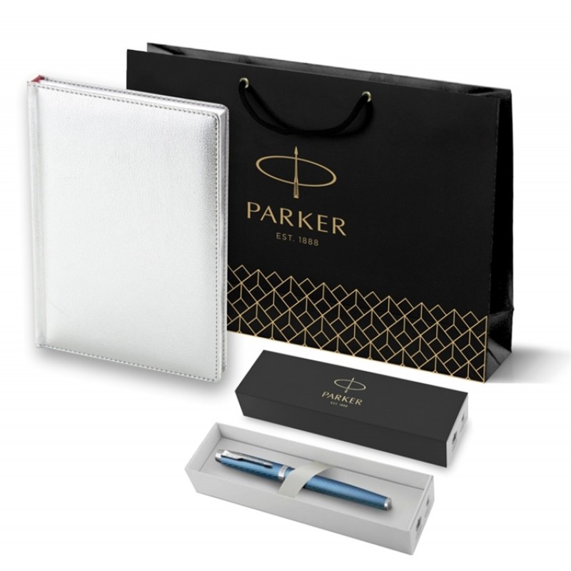 Подарочный набор: Ручка роллер Parker IM Premium T318 Blue Grey CT, цвет чернил черный и  ежедневник серебристого цвета