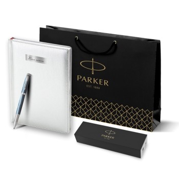 Подарочный набор: Ручка роллер Parker IM Premium T318 Blue Grey CT, цвет чернил черный и  ежедневник серебристого цвета