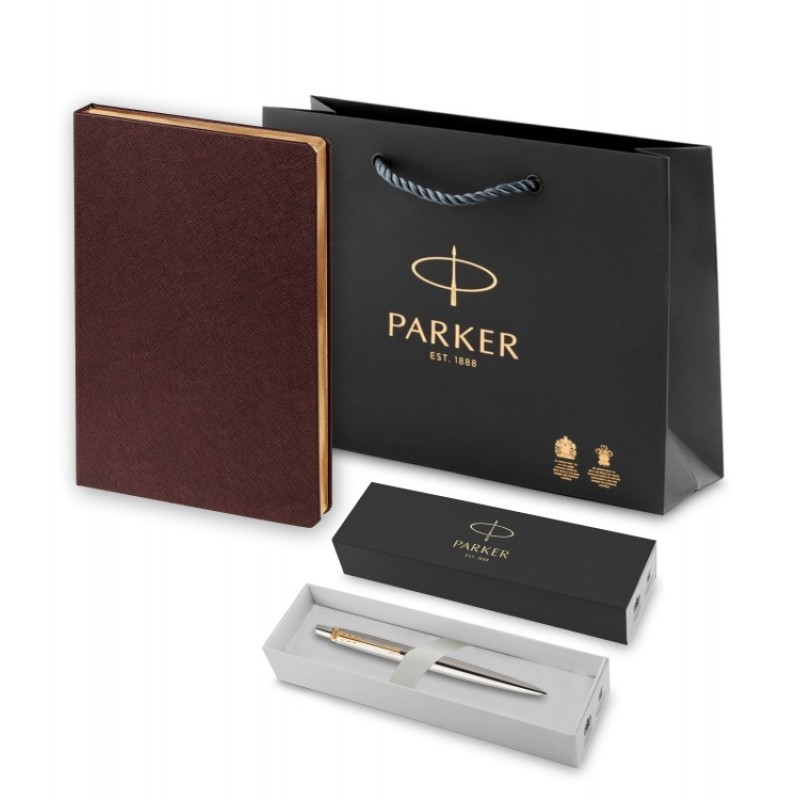 Подарочный набор: Шариковая ручка Parker Jotter Essential, St. Steel GT, стержень: Mblue и Ежедневник недатированный коричневый