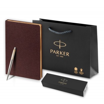 Подарочный набор: Шариковая ручка Parker Jotter Essential, St. Steel GT, стержень: Mblue и Ежедневник недатированный коричневый
