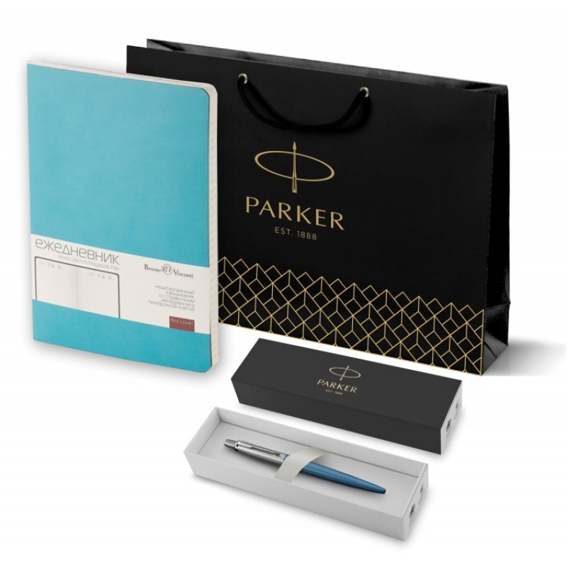 Подарочный набор: Шариковая ручка Parker Jotter Essential, Waterloo Blue CT и Ежедневник недатированный бирюзовый
