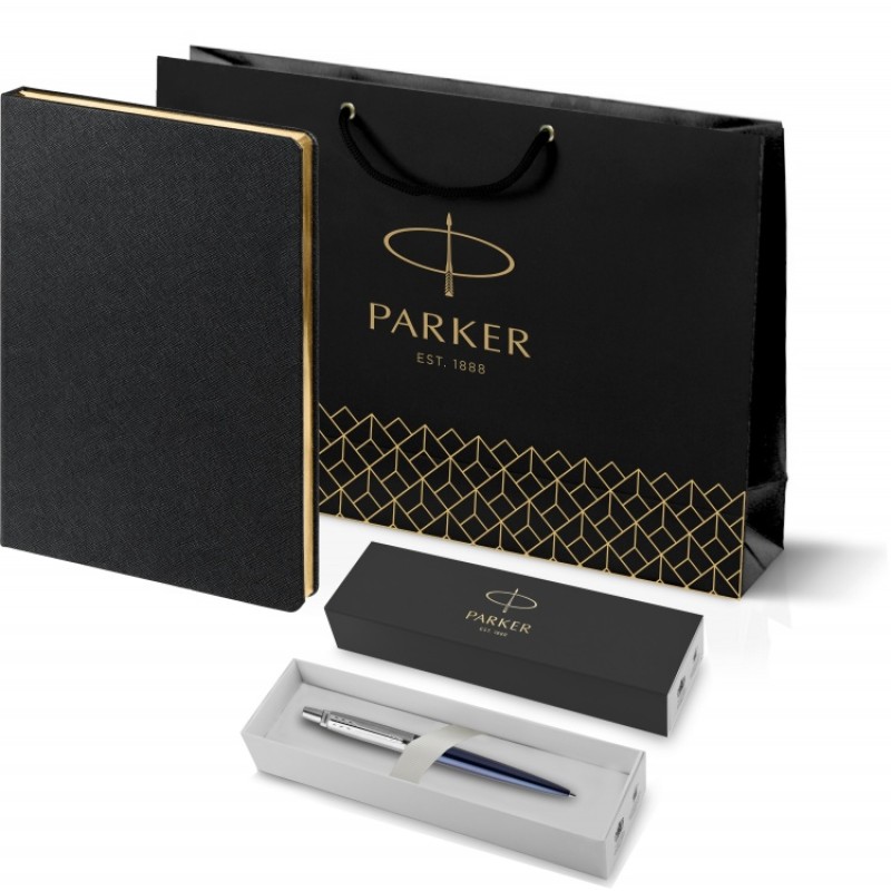 Подарочный набор: Шариковая ручка Parker Jotter Essential, Royal Blue CT, стержень: Mblue и Ежедневник недатированный черный с золотистым срез