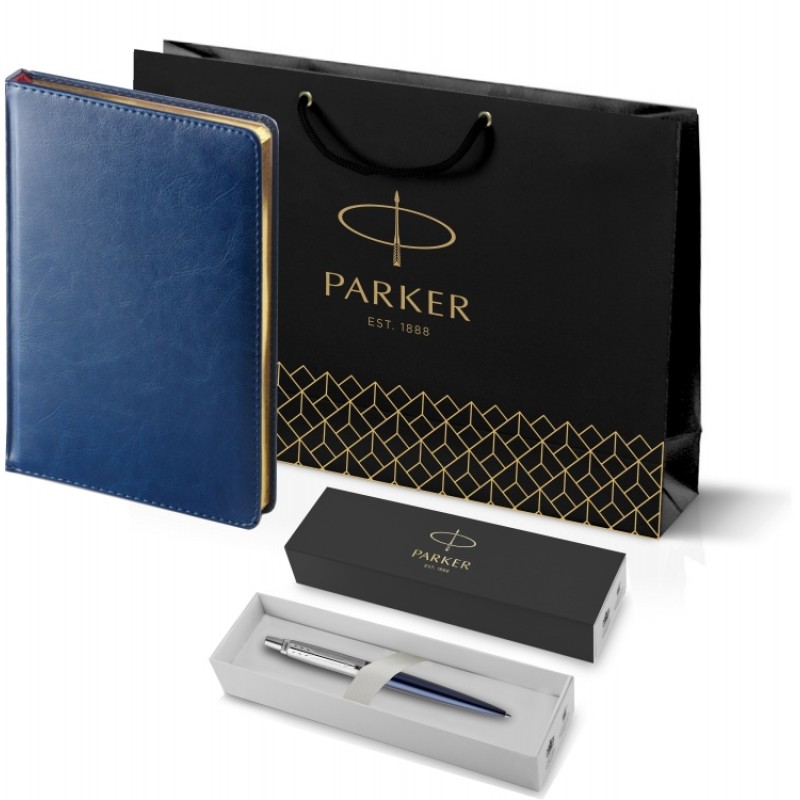 Подарочный набор: Шариковая ручка Parker Jotter Essential, Royal Blue CT, стержень: Mblue и Ежедневник синий недатированный