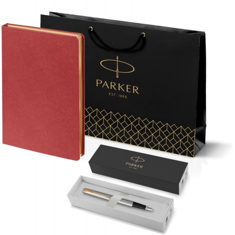 Подарочный набор: Ручка перьевая Parker Jotter Stainless Steel GT и Ежедневник недатированный красный