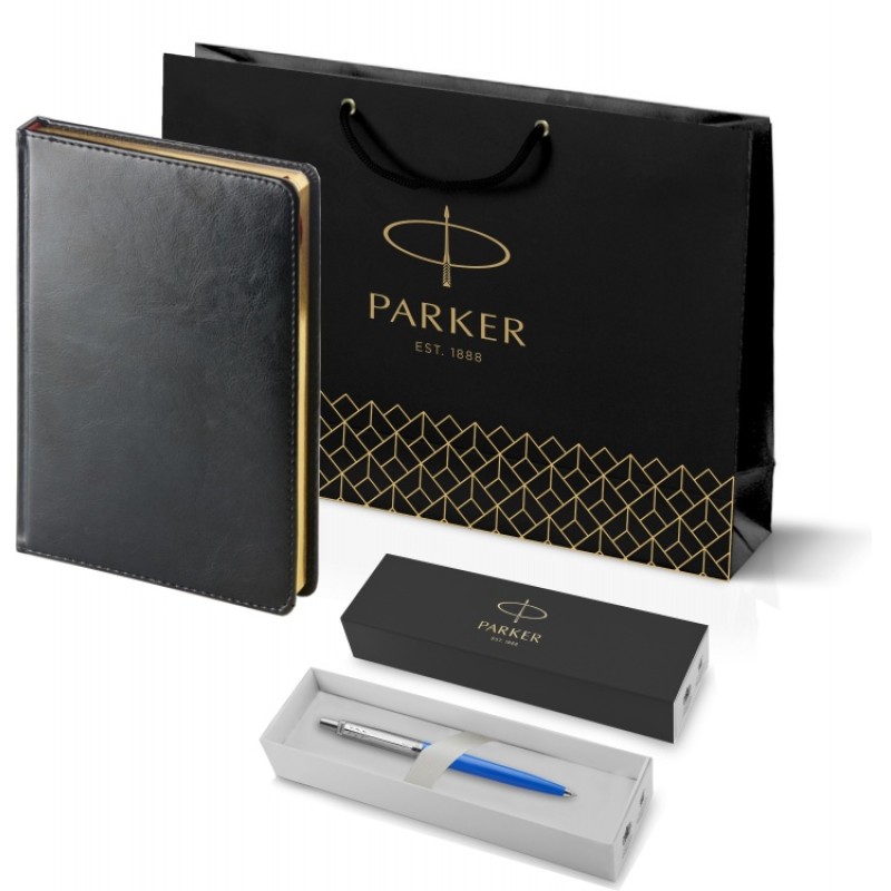 Подарочный набор: Шариковая ручка Parker Jotter Originals Blue Chrom CT, стержень: Mblue  и Ежедневник черный недатированный