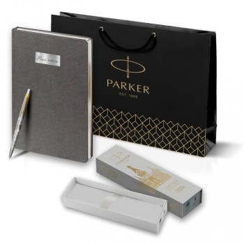 Подарочный набор: Шариковая ручка Parker Jotter Russia Steel GT и Ежедневник недатированный серый