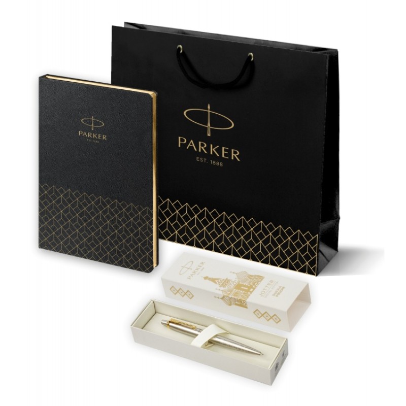 Подарочный набор: Шариковая ручка Parker Jotter Russia SE, цвет: St. Steel GT и Ежедневник  недатированный, чёрный