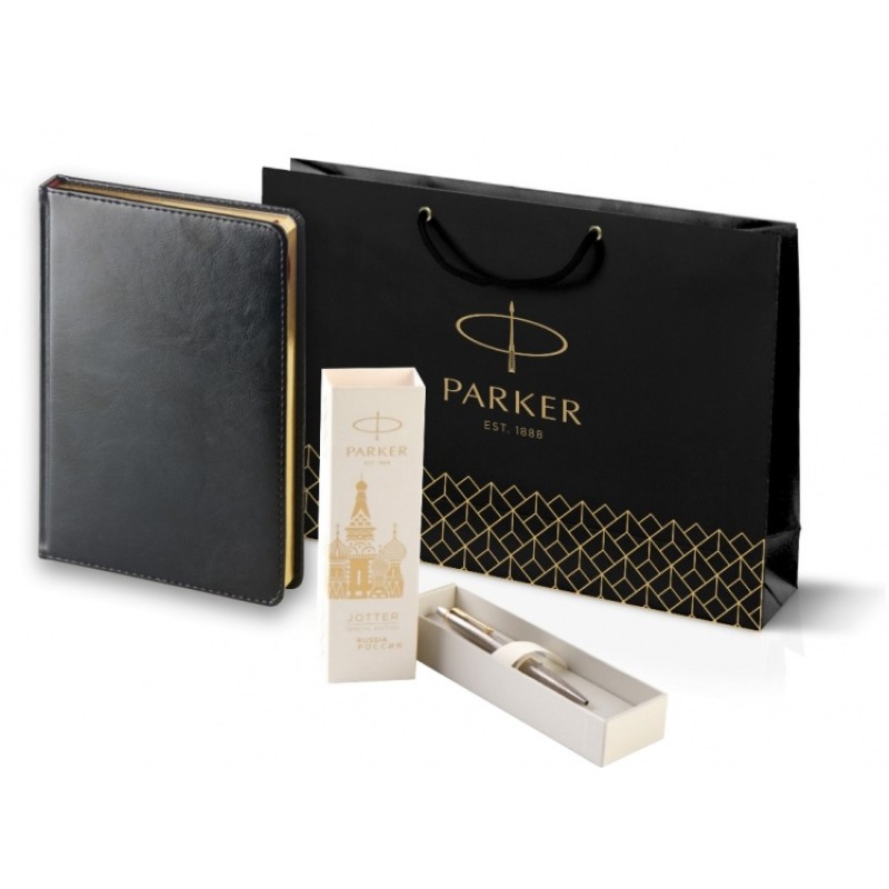 Подарочный набор: Шариковая ручка Parker Jotter Russia Steel GT и Ежедневник недатированный черный золотой срез