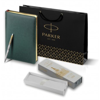 Подарочный набор: Шариковая ручка Parker Jotter Russia Steel GT и Ежедневник недатированный Зеленый  золотой срез