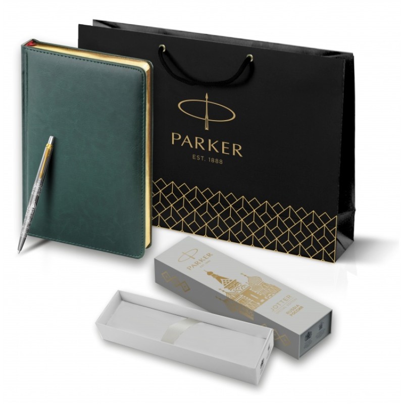 Подарочный набор: Шариковая ручка Parker Jotter Russia Steel GT и Ежедневник недатированный Зеленый  золотой срез