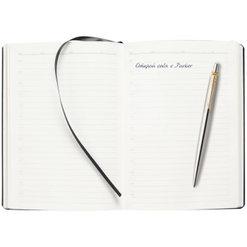 Подарочный набор: Шариковая ручка Parker Jotter Essential, St. Steel GT, стержень: Mblue и Ежедневник недатированный, черный.