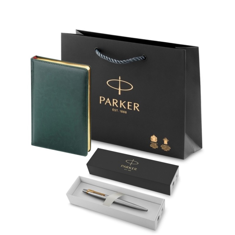 Подарочный набор Parker: темно-зеленый ежедневник с золотыми страницами и шариковая ручка Jotter Essential, стержень синего цвета