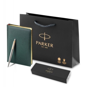 Подарочный набор Parker: темно-зеленый ежедневник с золотыми страницами и шариковая ручка Jotter Essential, стержень синего цвета