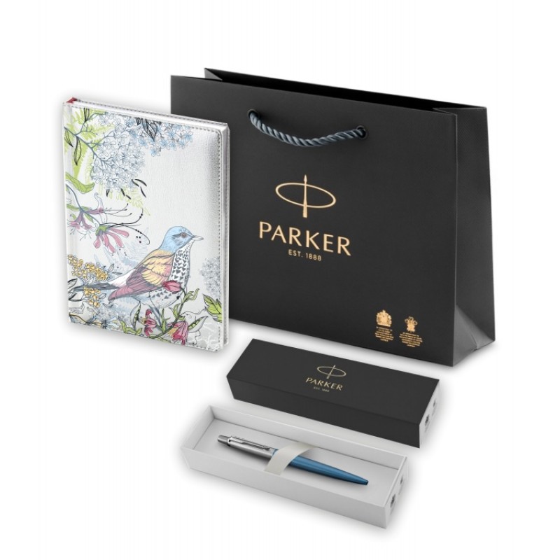 Подарочный набор: Шариковая ручка Parker Jotter Essential, Waterloo Blue CT и Ежедневник недатированный серебристый