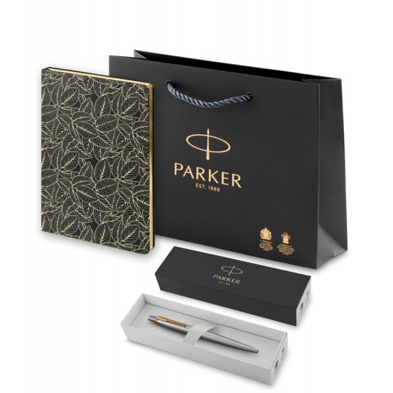 Подарочный набор: Шариковая ручка Parker Jotter Essential, St. Steel GT, стержень: Mblue и Ежедневник недатированный, черный.
