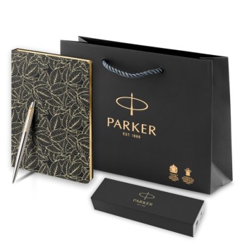 Подарочный набор: Шариковая ручка Parker Jotter Essential, St. Steel GT, стержень: Mblue и Ежедневник недатированный, черный.