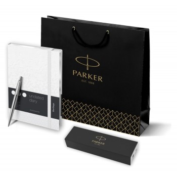 Подарочный набор:  Шариковая ручка Parker Jotter Essential, St. Steel СT и Ежедневник недатированный серебряный срез, белый.