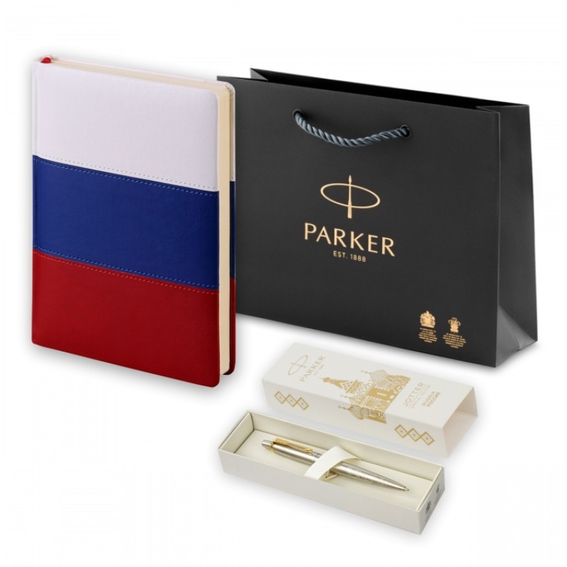 Подарочный набор:Шариковая ручка Parker Jotter Russia SE, цвет: St. Steel GT и Ежедневник недатир. триколор