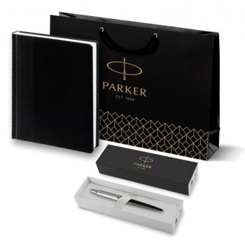 Подарочный набор Parker: Ежедневник черный из эко-кожи с тиснением и ручка шариковая Jotter Essential Satin Black CT, корпус черного цвета