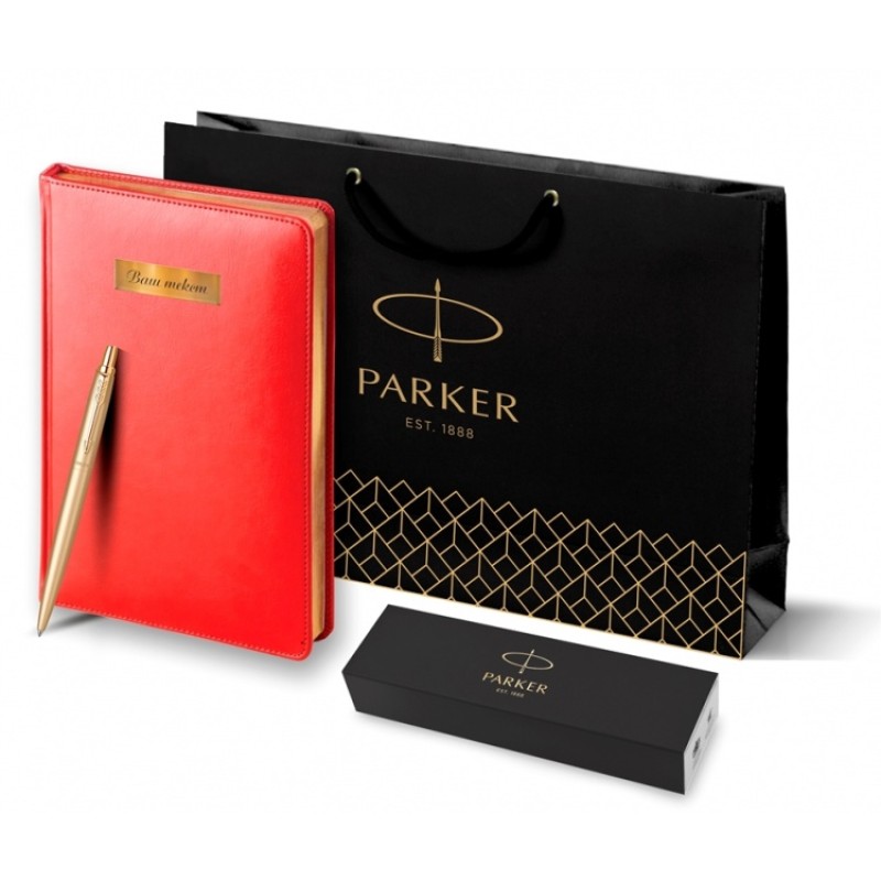 Подарочный набор Parker: Ежедневник красного цвета с золотом и шариковая ручка Parker Jotter XL YellowGold, цвет стержня синий
