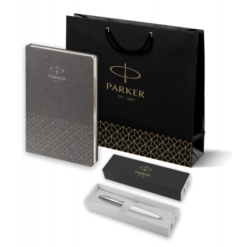 Подарочный набор: Шариковая ручка Parker Jotter K60, цвет: White и Ежедневник  недатированный, серый