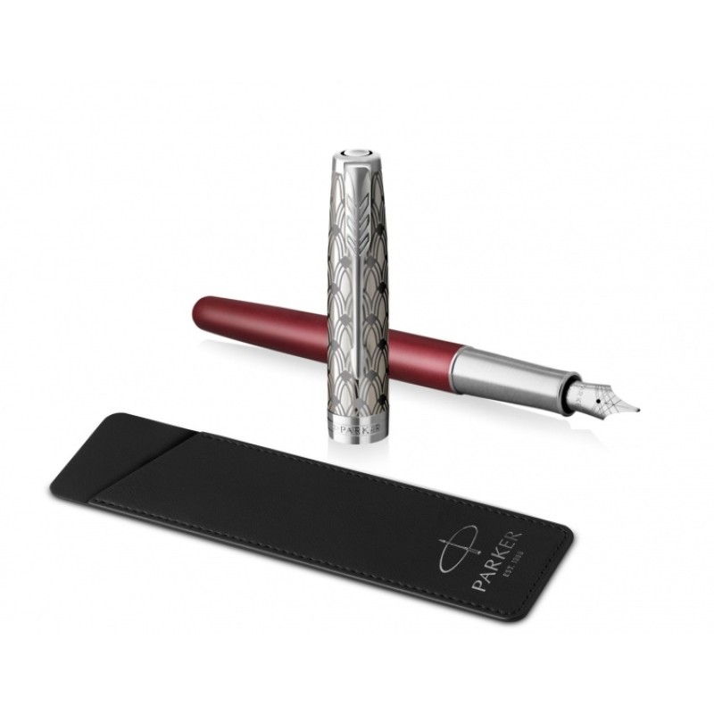 Перьевая ручка и чехол из кожи Parker Sonnet Premium Refresh RED CT, перо 18K, толщина F, цвет чернил black, в подарочной упаковке