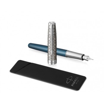 Перьевая ручка и чехол из кожи Parker Sonnet Premium Refresh BLUE CT, перо 18K, толщина F, цвет чернил black, подарочной упаковке