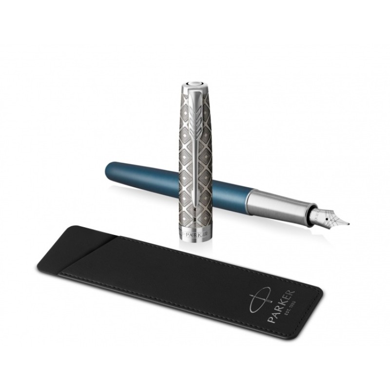 Перьевая ручка и чехол из кожи Parker Sonnet Premium Refresh BLUE CT, перо 18K, толщина F, цвет чернил black, подарочной упаковке