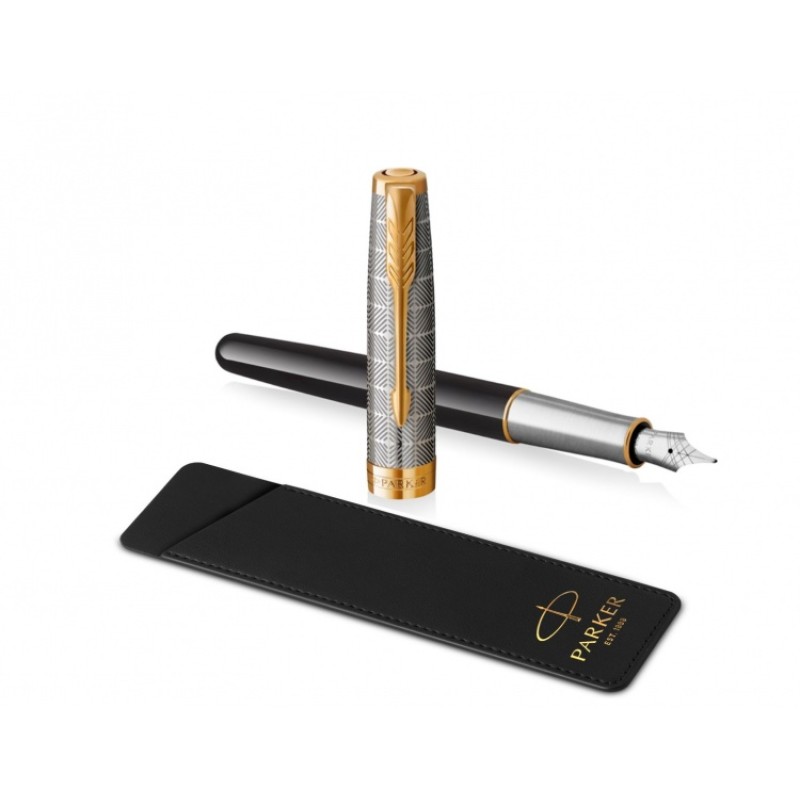 Перьевая ручка  и чехол из кожи Parker Sonnet Premium Refresh BLACK GT, перо 18K, перо: F, цвет чернил black, в подарочной упаковке