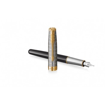 Перьевая ручка  и чехол из кожи Parker Sonnet Premium Refresh BLACK GT, перо 18K, перо: F, цвет чернил black, в подарочной упаковке