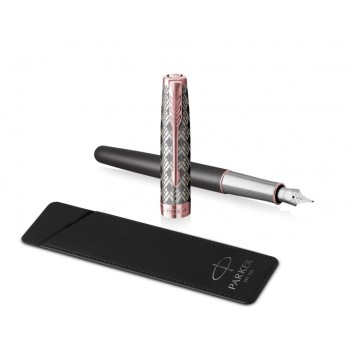 Перьевая ручка и чехол из кожи Parker Sonnet Premium  GREY GT, перо 18K, перо: F, цвет чернил black, в подарочной упаковке