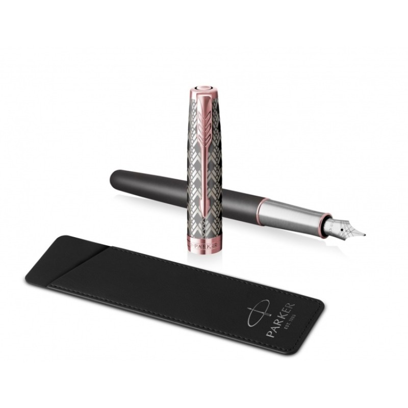 Перьевая ручка и чехол из кожи Parker Sonnet Premium  GREY GT, перо 18K, перо: F, цвет чернил black, в подарочной упаковке
