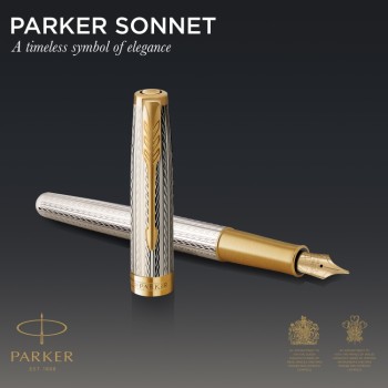 Перьевая ручка и чехол из кожи Parker Sonnet Silver Mistral GT, перо: M, цвет чернил: black, в подарочной упаковке