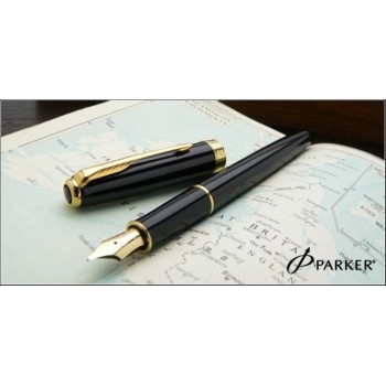 Перьевая ручка и чехол из кожи Parker Sonnet F530, цвет: LaqBlack GT, перо: F, перо: золото 18К
