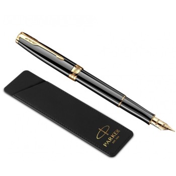 Перьевая ручка и чехол из кожи Parker Sonnet F530, цвет: LaqBlack GT, перо: F, перо: золото 18К