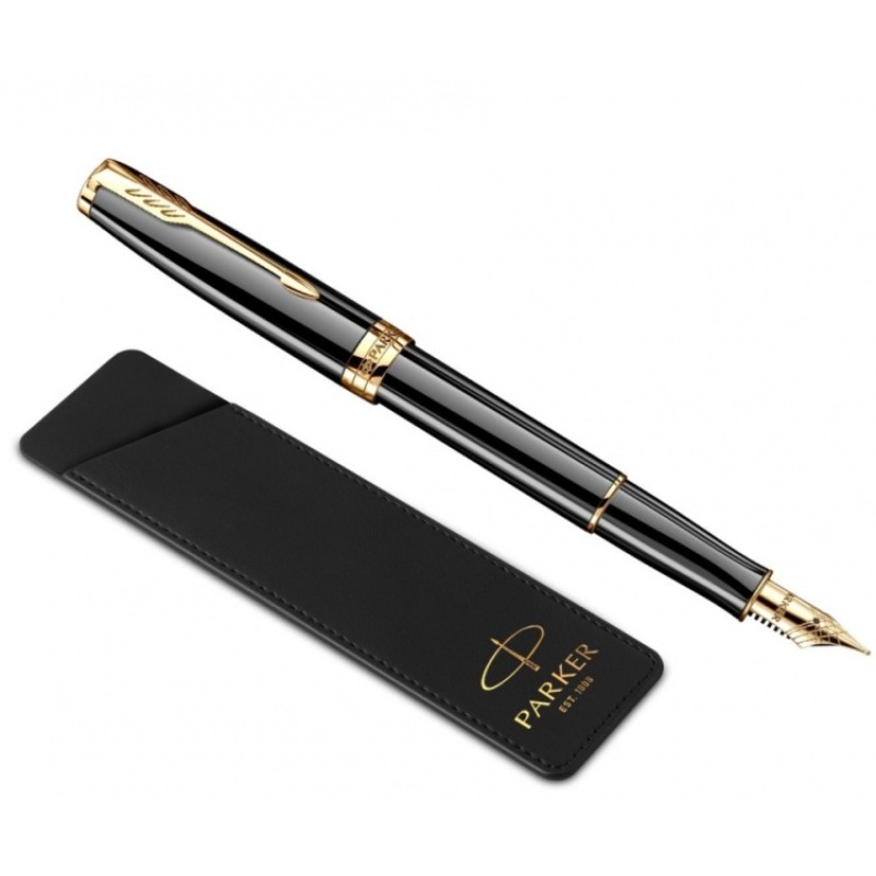 Перьевая ручка и чехол из кожи Parker Sonnet F530, цвет: LaqBlack GT, перо: F, перо: золото 18К
