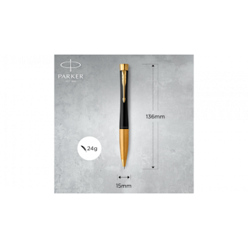 Шариковая ручка Parker Urban (матовый черный лак) Muted Black Gold Finish Trim, стержень: M, цвет чернил: blue, в подарочной упаковке.