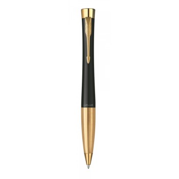 Шариковая ручка Parker Urban (матовый черный лак) Muted Black Gold Finish Trim, стержень: M, цвет чернил: blue, в подарочной упаковке.