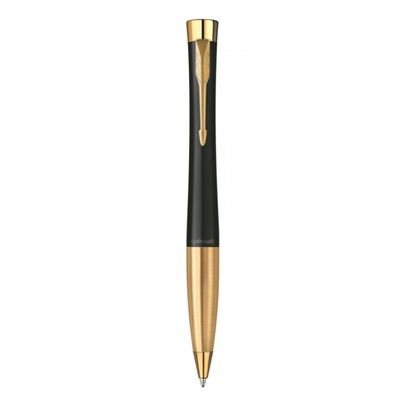 Шариковая ручка Parker Urban (матовый черный лак) Muted Black Gold Finish Trim, стержень: M, цвет чернил: blue, в подарочной упаковке.