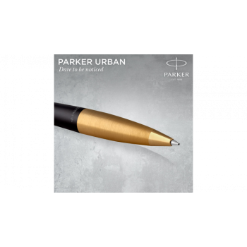 Шариковая ручка Parker Urban (матовый черный лак) Muted Black Gold Finish Trim, стержень: M, цвет чернил: blue, в подарочной упаковке.