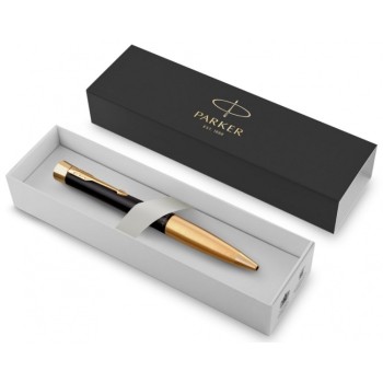 Шариковая ручка Parker Urban (матовый черный лак) Muted Black Gold Finish Trim, стержень: M, цвет чернил: blue, в подарочной упаковке.