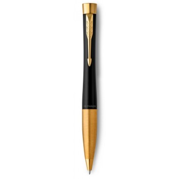 Шариковая ручка Parker Urban (матовый черный лак) Muted Black Gold Finish Trim, стержень: M, цвет чернил: blue, в подарочной упаковке.